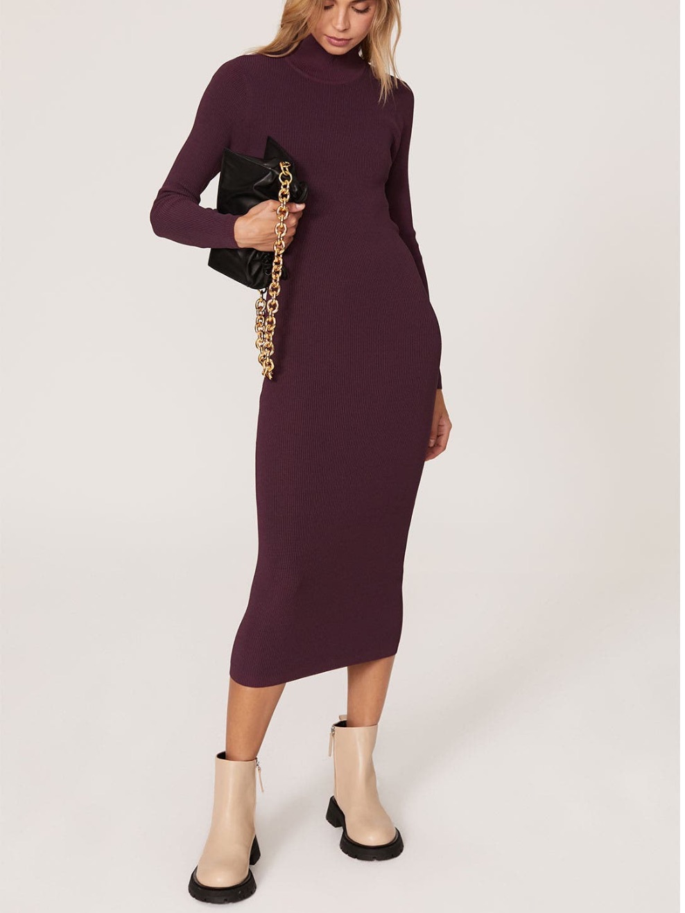Bardot Plum Ribbed Backless Midi Dress